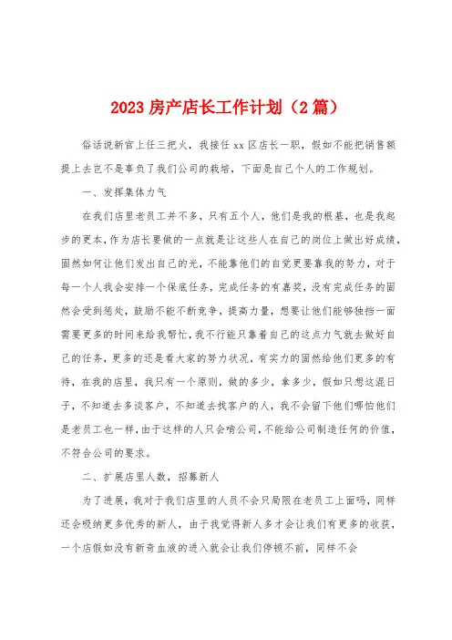 2023年房产店长工作计划(2篇)