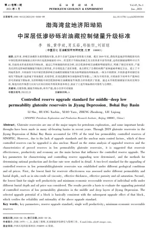渤海湾盆地济阳坳陷中深层低渗砂砾岩油藏控制储量升级标准