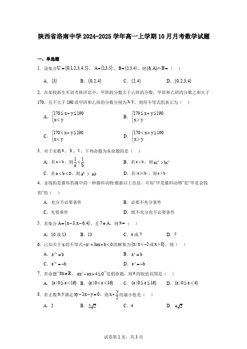陕西省洛南中学2024-2025学年高一上学期10月月考数学试题