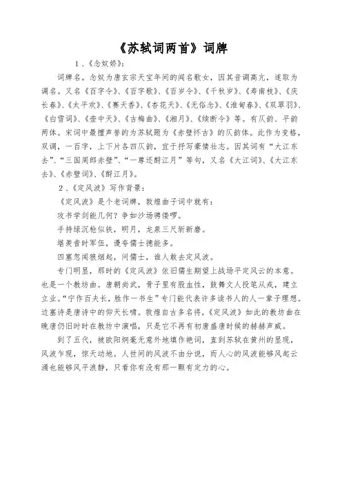 《苏轼词两首》词牌