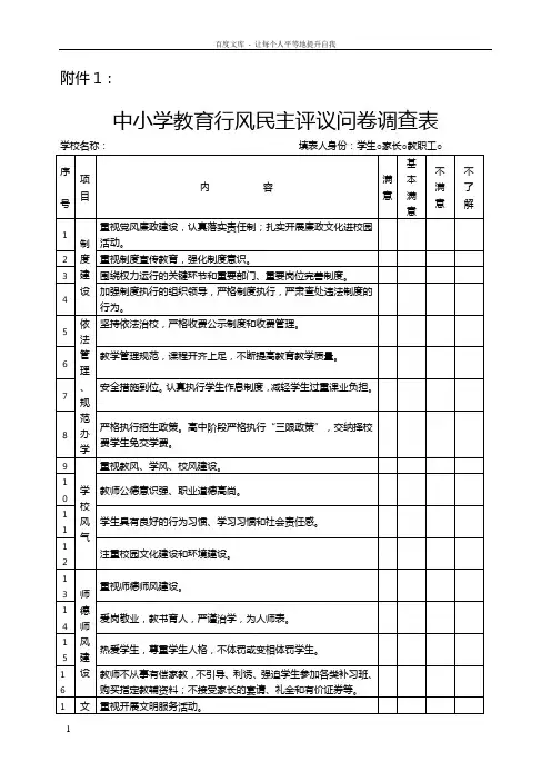 中小学教育行风民主评议问卷调查表