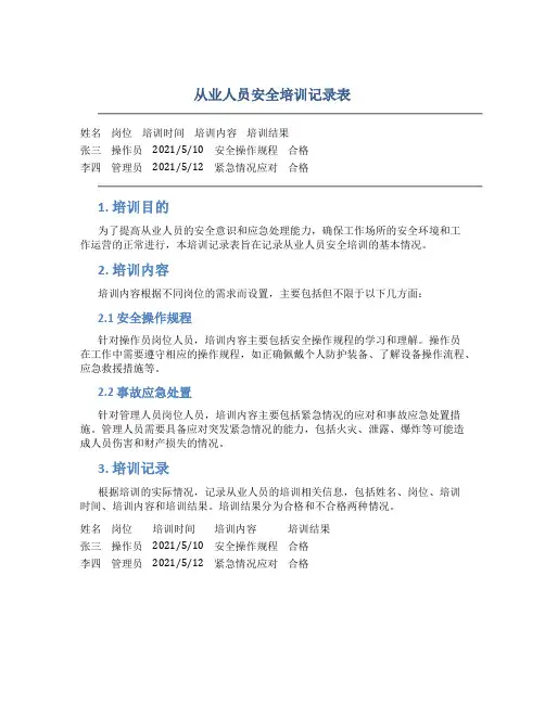从业人员安全培训记录表