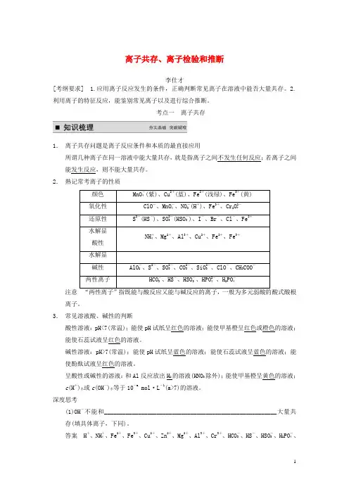 2019高考化学一轮复习 专题 离子共存、离子检验和推断(含解析)