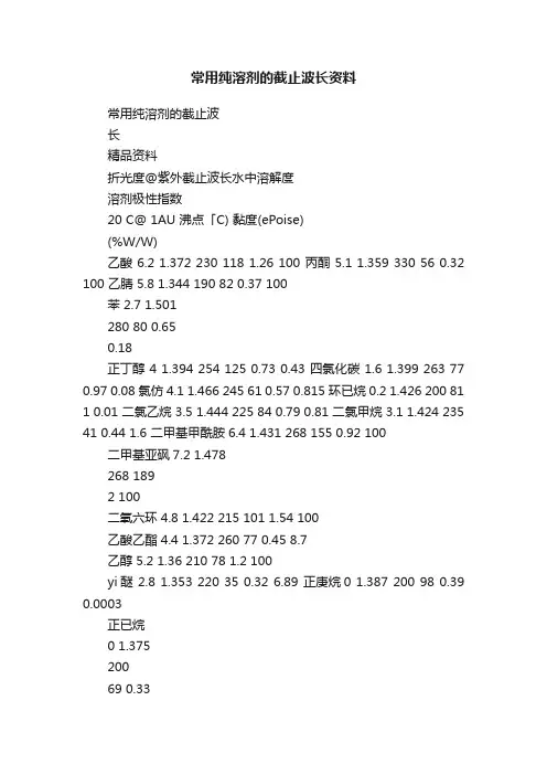 常用纯溶剂的截止波长资料