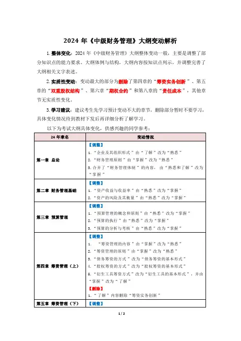 2024 年《中级财务管理》大纲变动解析