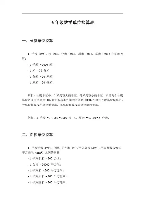 五年级数学单位换算表