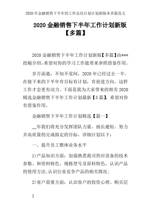 2020年金融销售下半年的工作总结计划计划新版本多篇范文