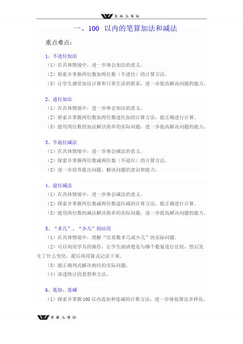 新人教版二年级上册数学 重点、难点、知识点总结
