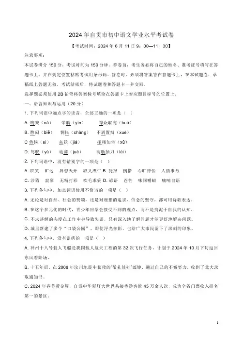 2024年自贡市初中语文学业水平考试卷及答案解析