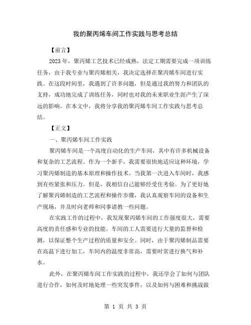 我的聚丙烯车间工作实践与思考总结