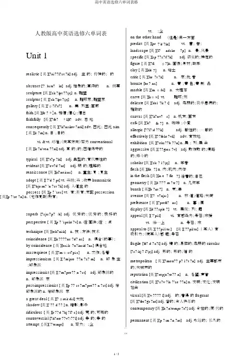 高中英语选修六单词表格