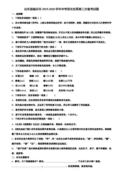 山东省临沂市2019-2020学年中考语文仿真第三次备考试题含解析