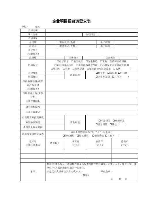企业项目投融资需求表