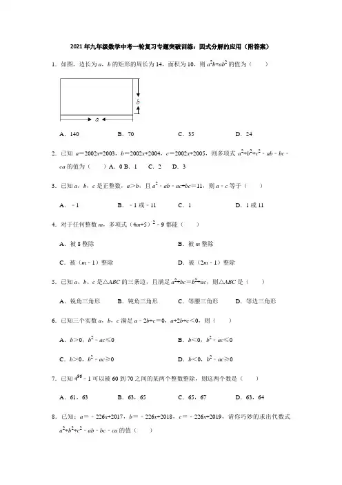 2021年九年级数学中考一轮复习专题突破训练：因式分解的应用 (附答案)