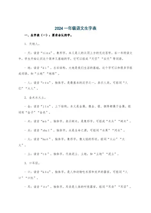 2024一年级语文生字表