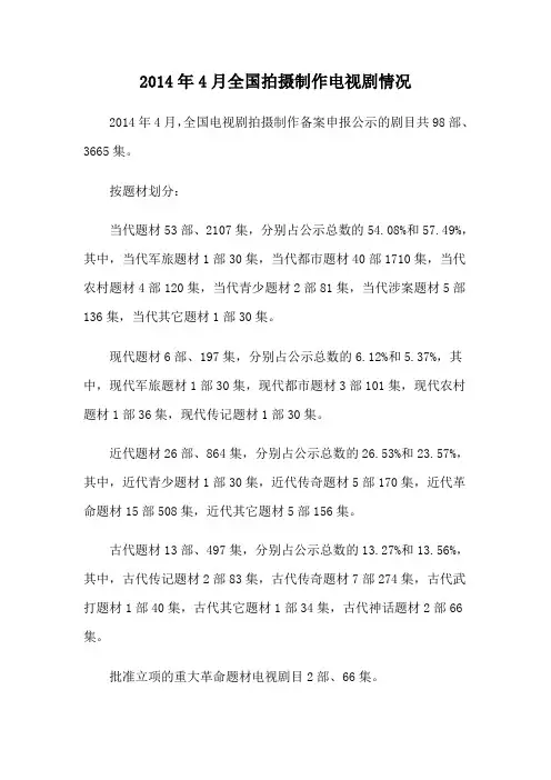 2014年4月全国拍摄制作电视剧情况