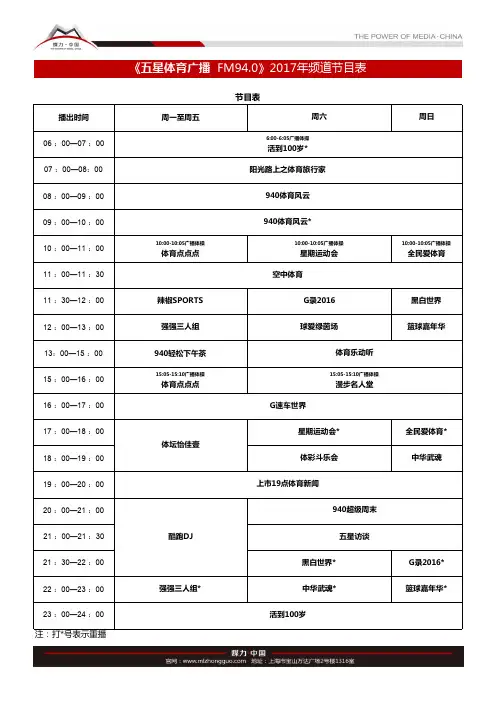 FM94.0 五星体育广播频率节目表一览(2017年1月起执行)