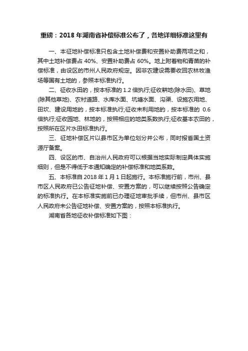重磅：2018年湖南省补偿标准公布了，各地详细标准这里有
