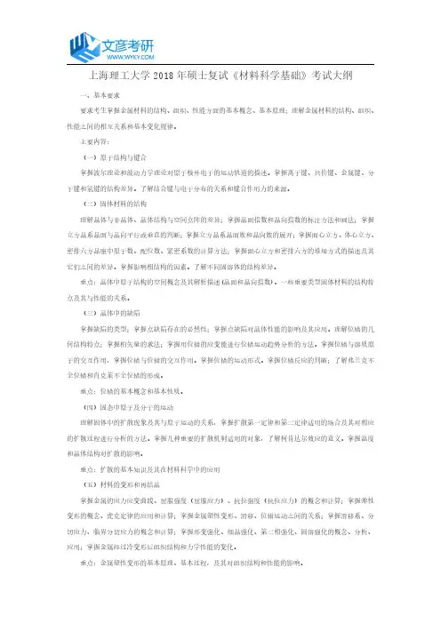 上海理工大学2018年硕士复试《材料科学基础》考试大纲