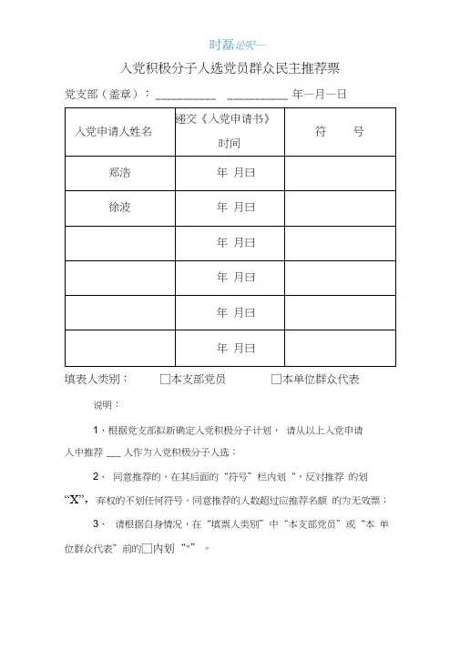 入党积极分子人选党员群众民主推荐票