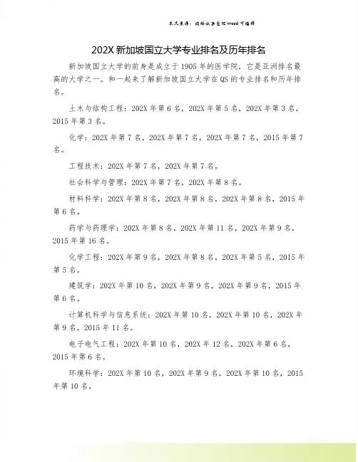 202X新加坡国立大学专业排名及历年排名