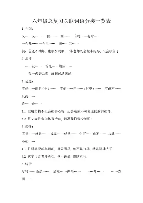 六年级总复习关联词语分类一览表