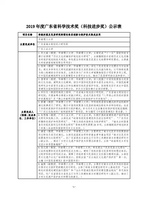 2019年度广东省科学技术奖(科技进步奖)公示表