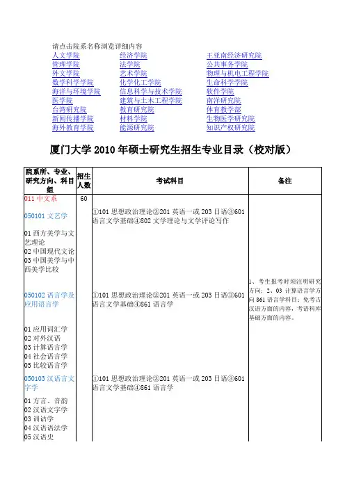 厦门大学2010年硕士研究生招生专业目录(校对版)
