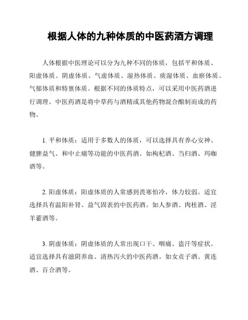根据人体的九种体质的中医药酒方调理