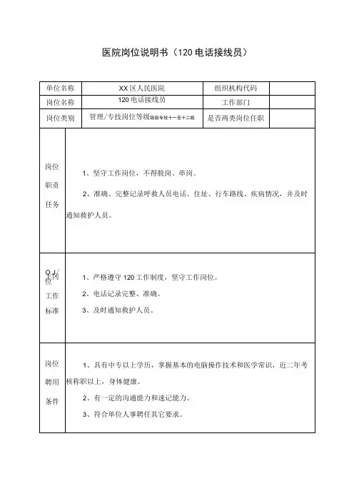 医院岗位说明书(120电话接线员)