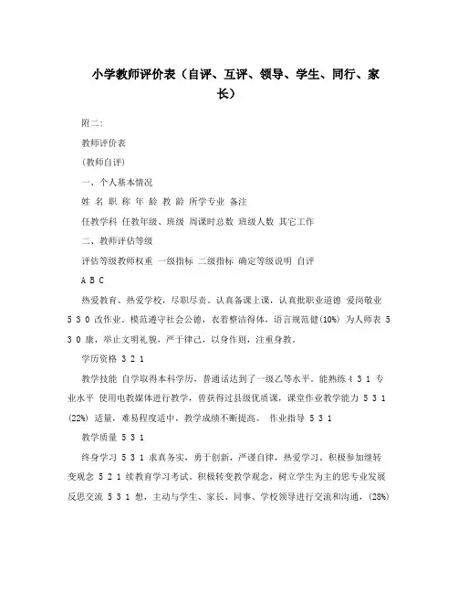 小学教师评价表(自评、互评、领导、学生、同行、家长)