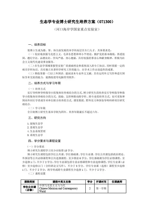 生态学专业博士研究生培养方案(071300)