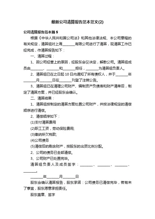 最新公司清算报告范本范文（2）