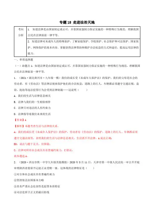 专题18_走进法治天地(解析版)-备战2021年中考道德与法治精选考点专项突破题集(部编版)_