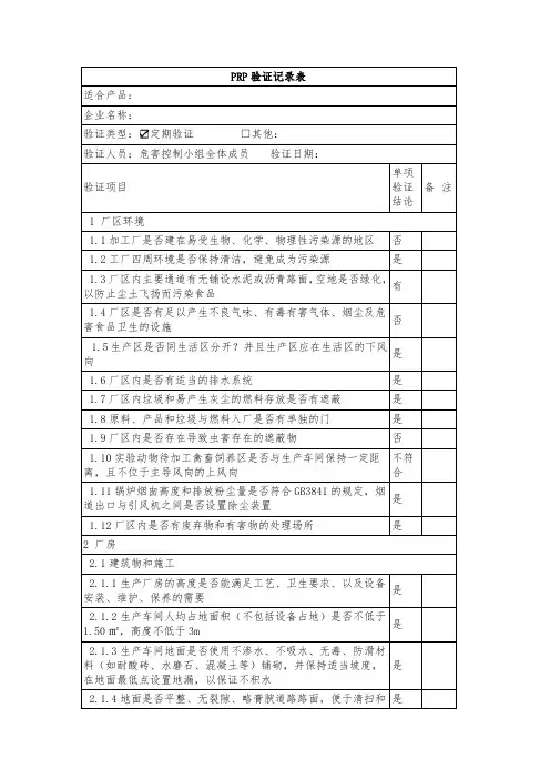 PRP验证记录表模板