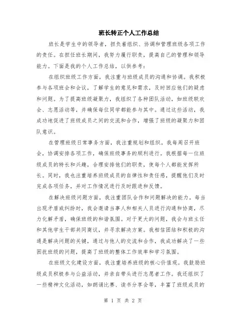班长转正个人工作总结