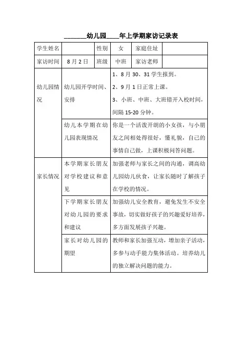 幼儿园上学期家访记录表