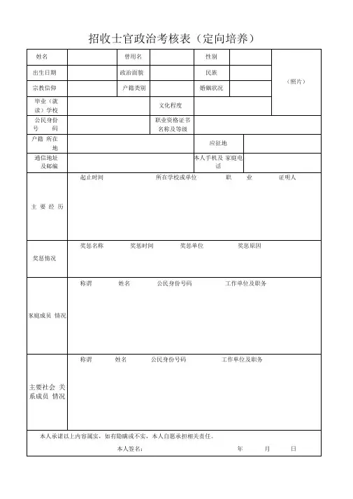 招收士官政治考核表(定向培养)【直接打印】