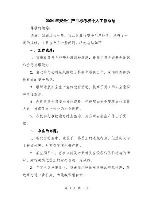 2024年安全生产目标考核个人工作总结