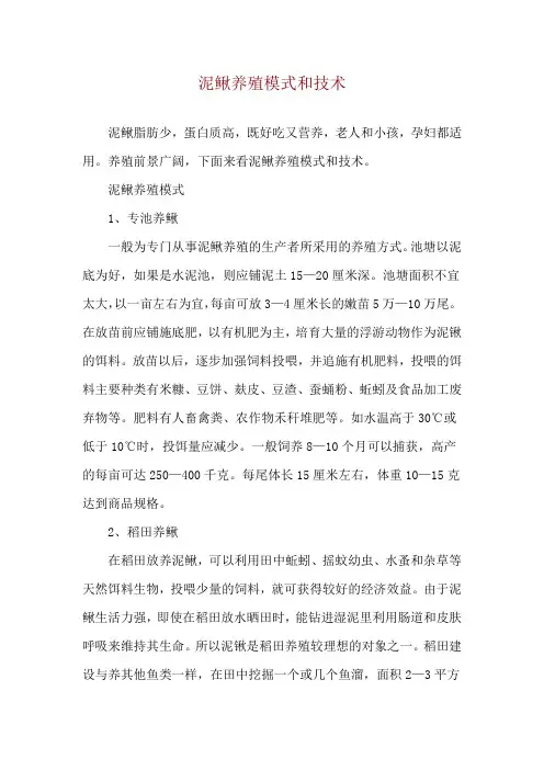泥鳅养殖模式和技术