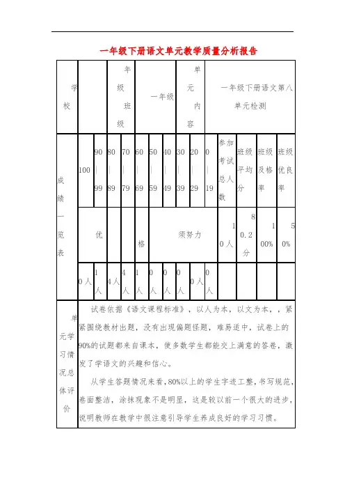 一年级下册语文单元教学质量分析报告