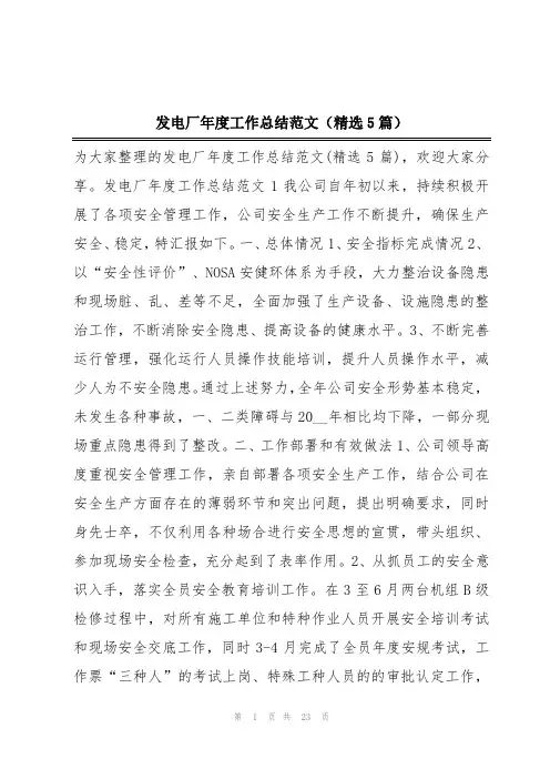 发电厂年度工作总结范文(精选5篇)