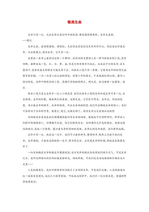 西平县一小四年级语文上册 第四单元 15《生命 生命》拓展阅读 敬畏生命 鲁教版四年级语文上册第四