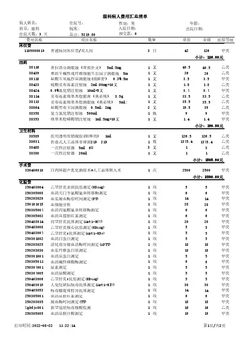 白内障眼科病人费用汇总清单模板