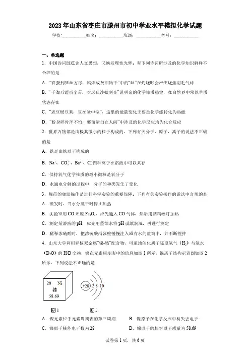 2023年山东省枣庄市滕州市初中学业水平模拟化学试题(含解析)