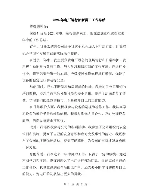 2024年电厂运行部新员工工作总结