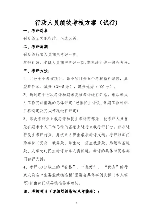 民营院校行政人员绩效考核方案