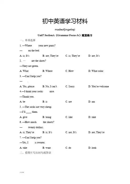 人教版七年级上册英语unit7_sectiona(grammar_focus-3c)随堂练习