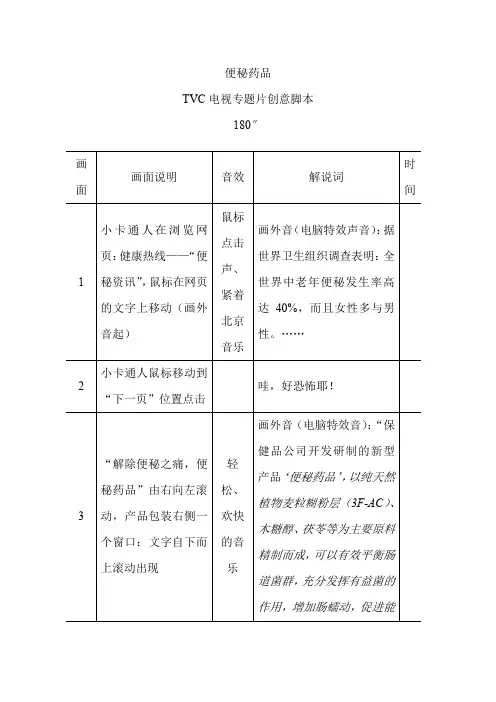 便秘药品 电视专题片创意脚本策划