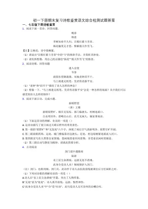 初一下册期末复习诗歌鉴赏语文综合检测试题答案
